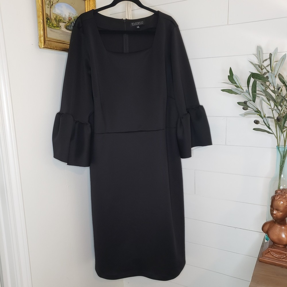 Eloquii Black Square Neck Flare Sleeve Scuba Knee Length Dress 26